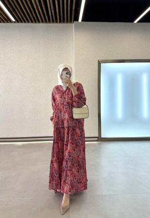 Etnik Desenli Elbise Bordo - Duendeca