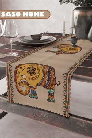 Etnik Hint Işlemeli Fil Desenli Kaliteli Kadife Kumaş 45x140 Cm Dekoratif - Hediyelik Runner - Sasohome