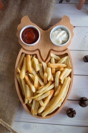 - Eulen-Frühstücksteller aus Holz - Servierteller - Pommes-Frites-Präsentationsschale - Snackschale - 32x18 cm - 2