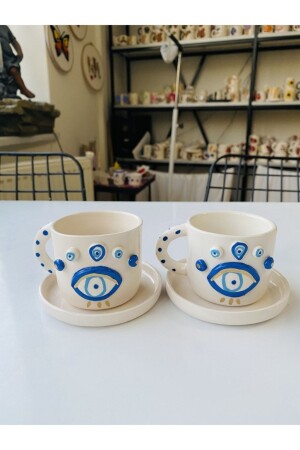 Evil Eye Bead Handgefertigtes Geschenk Keramik-Kaffeetasse für 2 Personen 006 - 1