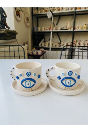 Evil Eye Bead Handgefertigtes Geschenk Keramik-Kaffeetasse für 2 Personen 006 - 2