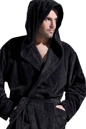 Export Herren-Bademantel mit Kapuze, Samt, Schwarz, L-XL - 1