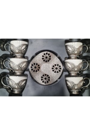 Eylül Schmetterling Blumenmuster Weiß Silber Set mit 6 türkischen Kaffeetassen BSM8 - 1