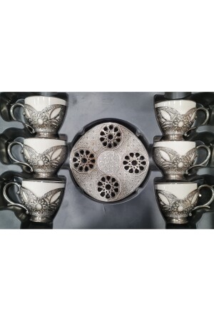 Eylül Schmetterling Blumenmuster Weiß Silber Set mit 6 türkischen Kaffeetassen BSM8 - 3