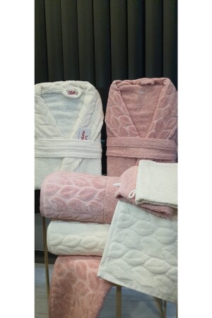 Familien-Bademantel-Set Hazal, 8-teilig, 100 % Baumwolle, Dusty Rose-Creme, verpackt - 1