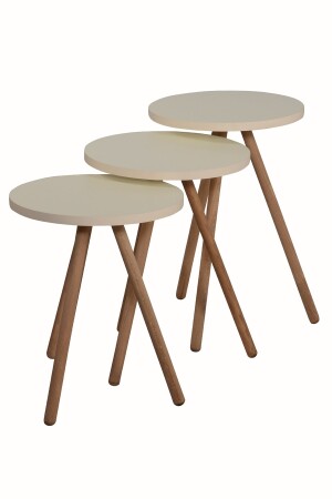 Farbenfroher, dreifach zusammensetzbarer Couchtisch mit Holzbeinen, rundes Pastell-Design, Creme - 6