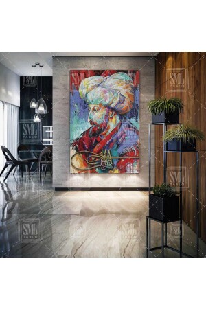Fatih Sultan Mehmet Osmanlı Padişahı Tuğra Imza Yağlı Boya Efektli Art Dekor Dikey Kanvas Tablo T1011226 - SML TABLO