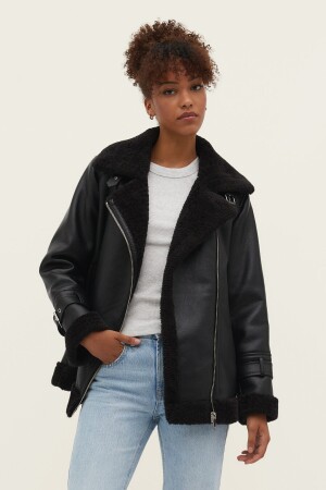 Faux Fur Inside Kunstleder Bikerjacke M - 1