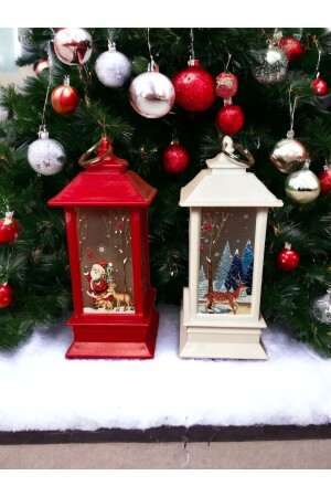 Fener Noel Baba&Geyik Yılbaşı Temalı Led Titreyen Mumlu Mini Fenerler 2 Adet Kırmızı-Beyaz - 4