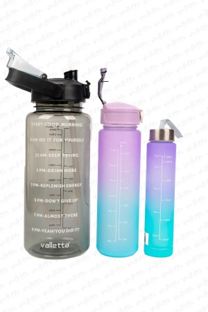 Figo 3er-Set Bpa-freie Motivationswasserflasche 2. 000 ml-750 ml-300 ml schwarze Wasserflasche - 3