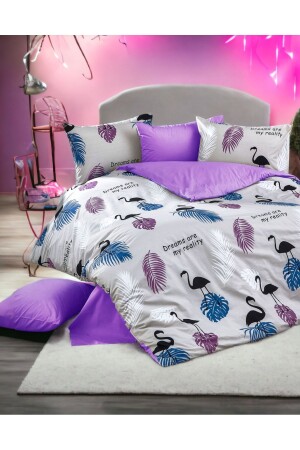 Flamingo-Pelikan-gemusterte lila-lila Laken mit 4 Kissenbezügen / Ranforce-Doppelbettbezug-Set TYC00255765626 - MAJESTE