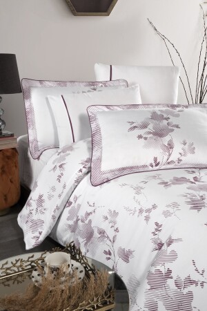 Florentina V. 2 Bettbezug-Set aus 100 % Baumwollsatin, Spannbetttuch, King-Size-Bett, King-Size-Bett, weiß-lila Muster RTN004 - 3