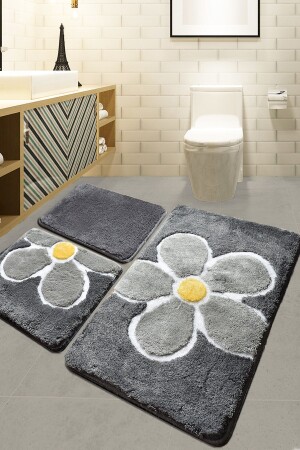 Flower Gri 3 Lü Set Klozet Takımı- Banyo Paspas Seti Halısı - Chilai Home