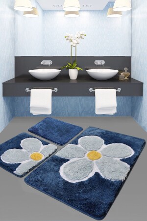 Flower Mavi Akr 3 Lü Set Banyo Halısı 8683264339998 - 1