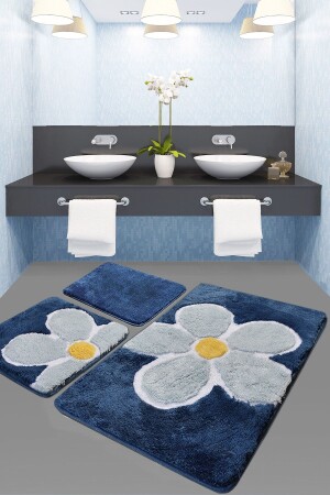 MNZ-Flower Blue Acre 3 Piece Set حمام السجادة 8683264339998 - Chilai Home
