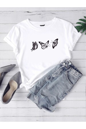 Flying Butterflies Single Jersey T-Shirt – Weiß bedrucktes, kurzärmliges Oversize-T-Shirt mit Rundhalsausschnitt - 1