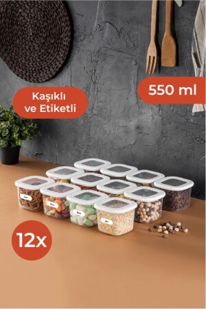 Foly 12'li Set Küçük Boy 0,55 Litre Etiketli Kaşıklı Kare Erzak Saklama Kabı Beyaz BNM12LI - 5