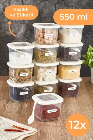 Foly 12'li Set Küçük Boy 0,55 Litre Etiketli Kaşıklı Kare Erzak Saklama Kabı Beyaz BNM12LI - Vienev