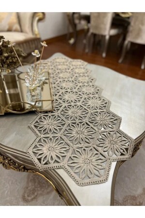 Fransız Dantel Detaylı Tek Runner- Masa Üzerine Runner- Masa Örtüsü Runneri - Kahve - Çt Çeyizci Tekstil