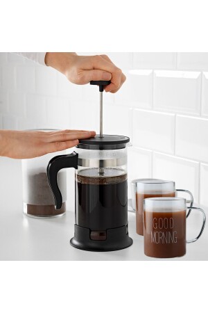 French Press Coffee & Tea Maker 1000ml Ve 2 Adet Kupa Seti Filtre Kahve Bitki Çayı Demleyici IKEA99990790 - 1