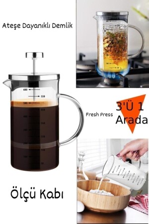 French Press Demlik Ölçü Kabı 3in1 Ürün Borosilikat Cam Frenchpress 600ml P320S5802 - 1