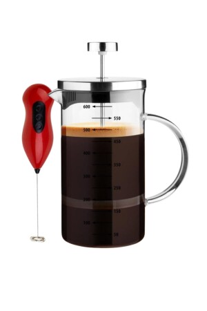 French Press Demlik Ölçü Kabı 3in1 Ürün Borosilikat Cam Frenchpress 600ml Ve Süt Kahve Köpürtücü P321S8080 - 1