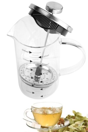 French-Press-Kräuterteekanne, Filterkaffee-Befestigungsbeständige Teekanne, Borosilikatglas-Messbecher, 600 ml - 4