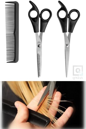 Friseur-Set, Haarschneide- und Effilierschere, Kamm – Stahl-Friseurschere, Zwischenschere, Kamm, 3er-Set, Qniay-89BR84790 - 1