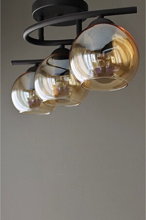 Fuji Moderner dekorativer 3-teiliger Kronleuchter aus schwarzem Honigglas für Wohnzimmer – Küche – Schlafzimmer FUJİSİY1 - 1