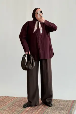 Fular Detaylı Oversize Gömlek Bordo - Nuuwears