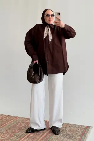 Fular Detaylı Oversize Gömlek Kahve - Nuuwears