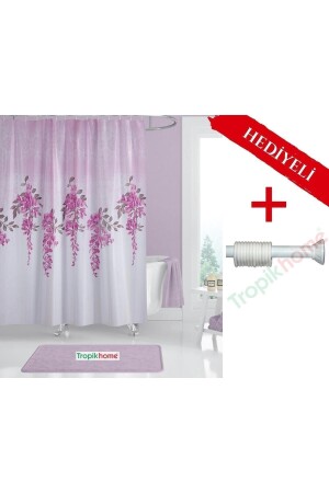 Fuşya Banyo Perdesi 180x200cm Askı Hediyeli Banyo Duş Perdesi- Pembe Renk Sümbül Banyo Perdesi - 2