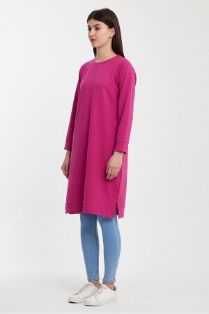 Fuşya Bisiklet Yaka Yırtmaç Detaylı Basic Örme Sweatshirt 10391 - Gippe Collection