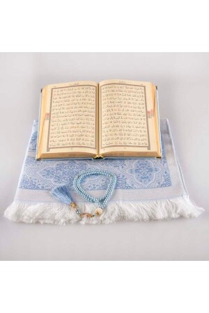 Gebetsmatte + Gebetsperlen + Koran-Geschenkset (Hafiz-Größe – Samt – Hellblau) - 5