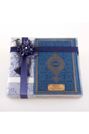 Gebetsmatte + Gebetsperlen + Koran-Geschenkset (mittlere Größe – Marineblau) - 1