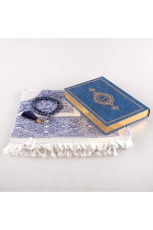 Gebetsmatte + Gebetsperlen + Koran-Geschenkset (mittlere Größe – Marineblau) - 4