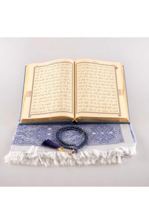 Gebetsmatte + Gebetsperlen + Koran-Geschenkset (mittlere Größe – Marineblau) - 5