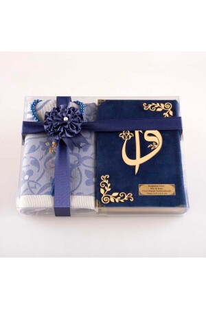 Gebetsteppich + Gebetsperlen + Koran-Geschenkset (Hafiz-Größe – Samt – Marineblau) - 1