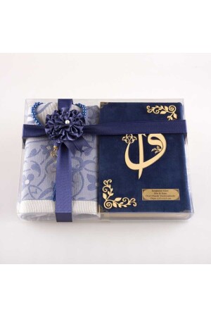 Gebetsteppich + Gebetsperlen + Koran-Geschenkset (Hafiz-Größe – Samt – Marineblau) - 3