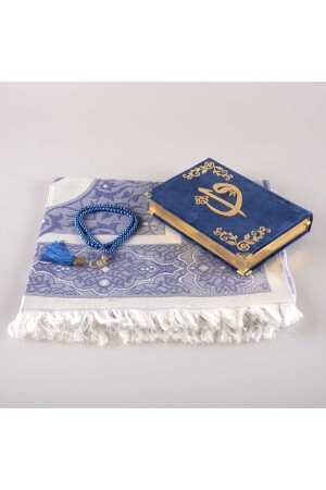 Gebetsteppich + Gebetsperlen + Koran-Geschenkset (Hafiz-Größe – Samt – Marineblau) - 4