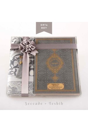 Gebetsteppich + Gebetsperlen + Koran-Geschenkset (mittlere Größe – Grau) - 1