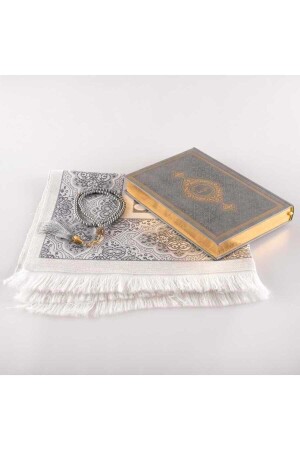 Gebetsteppich + Gebetsperlen + Koran-Geschenkset (mittlere Größe – Grau) - 3