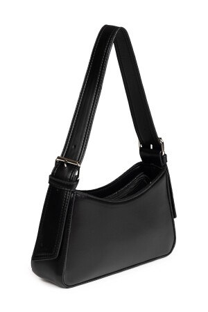 Gefütterte schwarze Baguette-Tasche für Damen mit Ösen und Riemendetail - 2