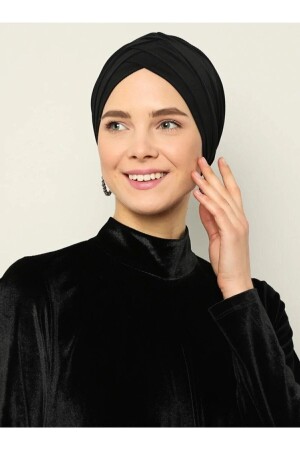 Gekreuzte dreigestreifte Meereshaube. Fertige Hijab-Hijab-Haube in Schwarz - 2