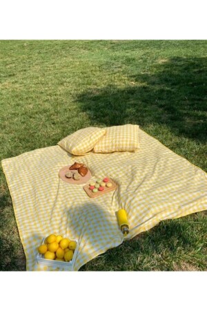 Gelb karierte Gingham-Picknickmatte 170 x 170, 2-teiliges Picknick-Matte 45 x 45 cm, Picknick-Set - 6