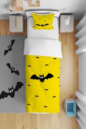 Gelber Hintergrund, schwarzes Fledermaus-Batman-Motiv, Bettbezug-Set für Kinderzimmer, 1CNT-119 - 2