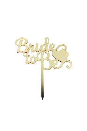 Gelbes Ornament aus Plexiglas mit goldfarbener Aufschrift „Bride To Be“ auf der Torte und Herzdetail auf der goldfarbenen Torte - 2