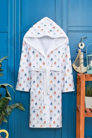 Gemi Desen Dijital Baskılı Genç Çocuk Bornozu - Vevienhome