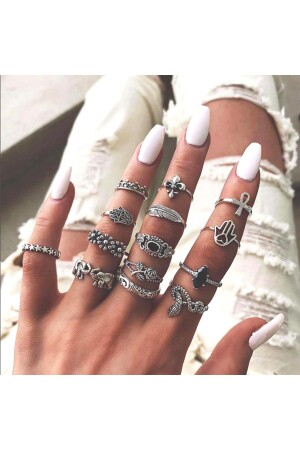 Gemischtes 14-teiliges Ringset mit Elefanten- und Schlangenblumenmotiv für Damen - 1