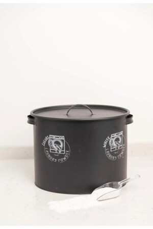 Gemusterte Waschmittelbox mit Metalldeckel und Fach sowie Geschenkskala – schwarz NVL1047-S - 1